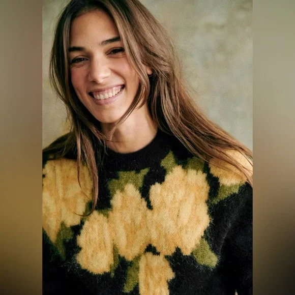 Sezane Joko Jumper- kid mohair Yellow marigold floral flowers sweater pullover - Picture 4 of 8